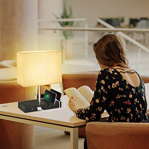 USB Bedside Lamp With Phone Stands,Hansang Table Lamp Dual Charging Ports,Nightstand Lamp for Bedroom,Minimalist Fabric Linen Lamp Shade with Pull Chain,E26 Warm White LED Bulb Included
