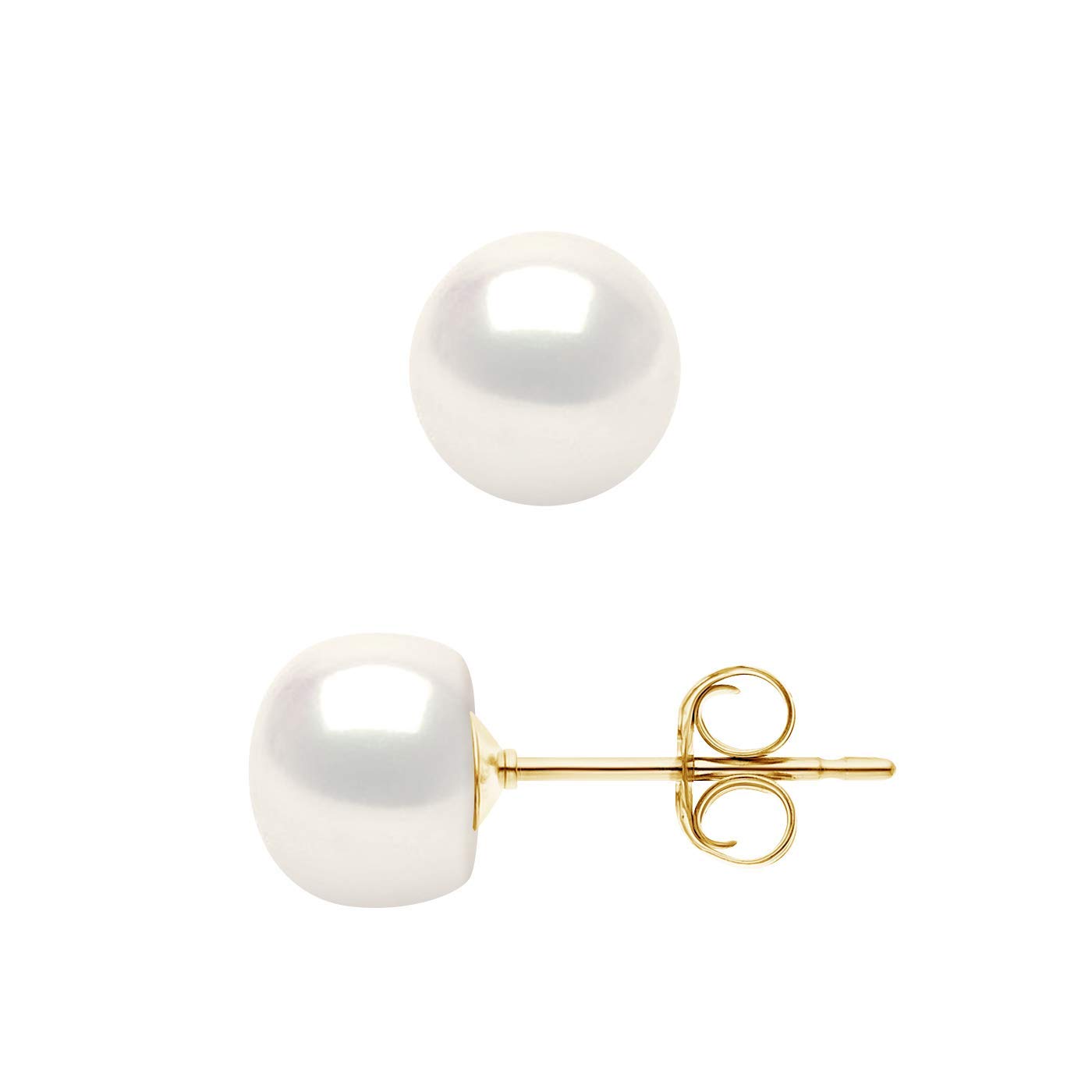 PEARLS & COLORS - Studs Earrings Genuine Freshwater Cultured Pearls - Natural White Color - AAA+ Quality - Yellow Gold - Women's Jewelry