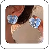 Jugielu Boho Blue Enamel Flower Earrings Blue Flower Stud Earrings Acrylic Floral Petal Earrings Rhinestone Flower Earrings Large Petal Statament Earrings Jewelry for Women