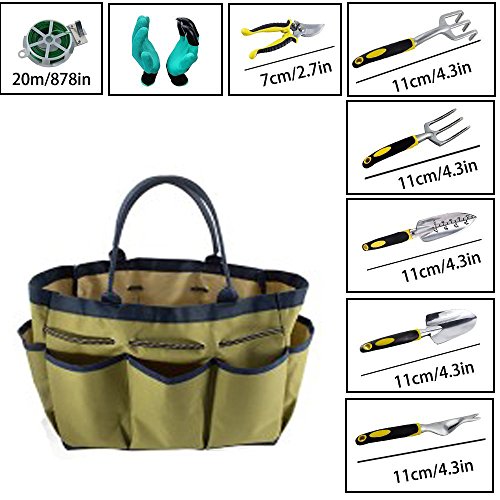 OHREX 9PCS Garden Tool Set for Digging Planting Gardening Kit Garden Tote Garden Gloves and Hand Tools Heavy Duty Cast-aluminum Heads Ergonomic Handles