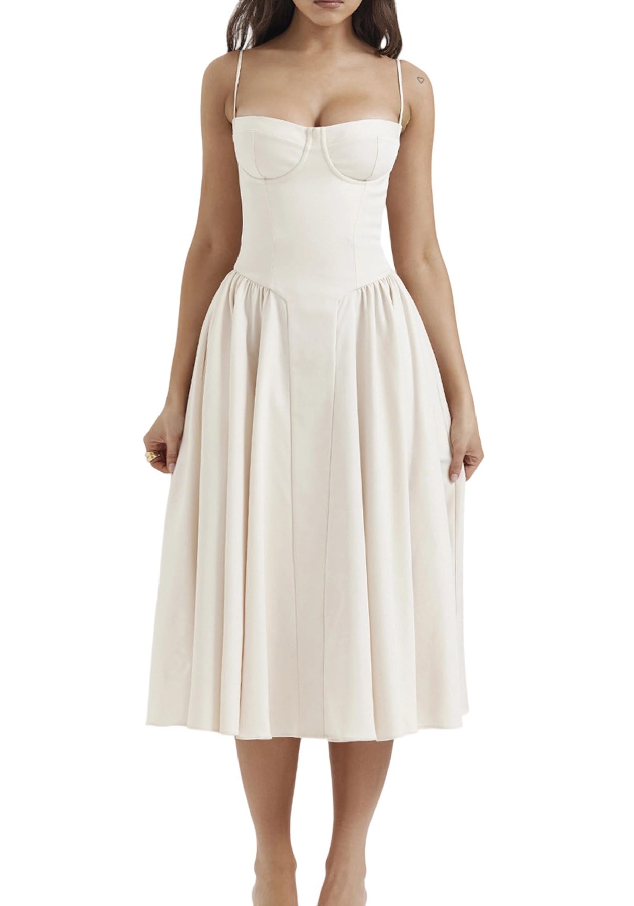 Photo 1 of (SMALL SIZE) Womens Summer Corset Midi Dress Spaghetti Strap Bustier A-Line Flowy Sundress Formal Cocktail Vacation Dress White