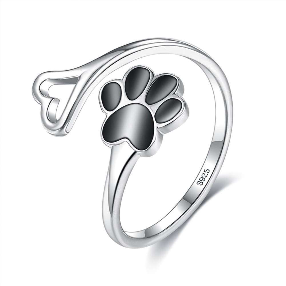 925 Silver Plated Cute Dog Paw Print Ring Open Adjustable Size Ring for Women Girls Jewelry Birthday Gift