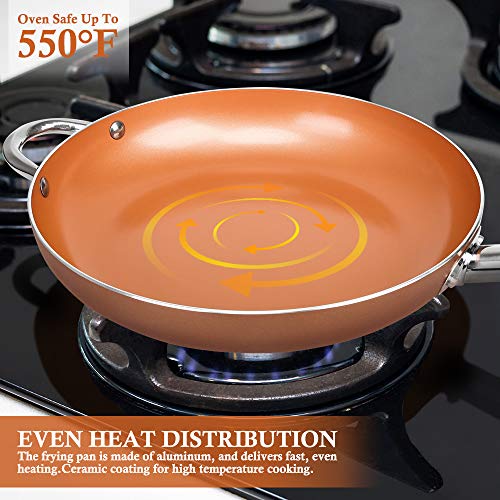 SHINEURI 12 inch Nonstick Copper Frying Pan Deep Skillet Pan with Stainless Steel Handle, Round Saute Pan for Broiling Steaming and Braising, Dishwasher Safe PFOA PTFE Free