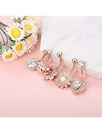 Finrezio - Juego de 5 piercings para ombligo de acero quirúrgico de 0.49 oz, diseño de girasol, rosa, corazón, circonita cúbica, tono oro rosa y plata