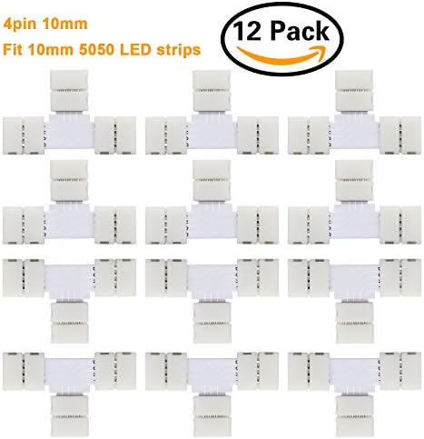 12 PCS LED Strip Connector Extension L Shape JIRVY 4 Conductor 4 Pins 10mm Wide Non-waterproof Quick Splitter Corner Connector Clip for SMD 5050/2835 RGB LED Strip Lights (T shape)