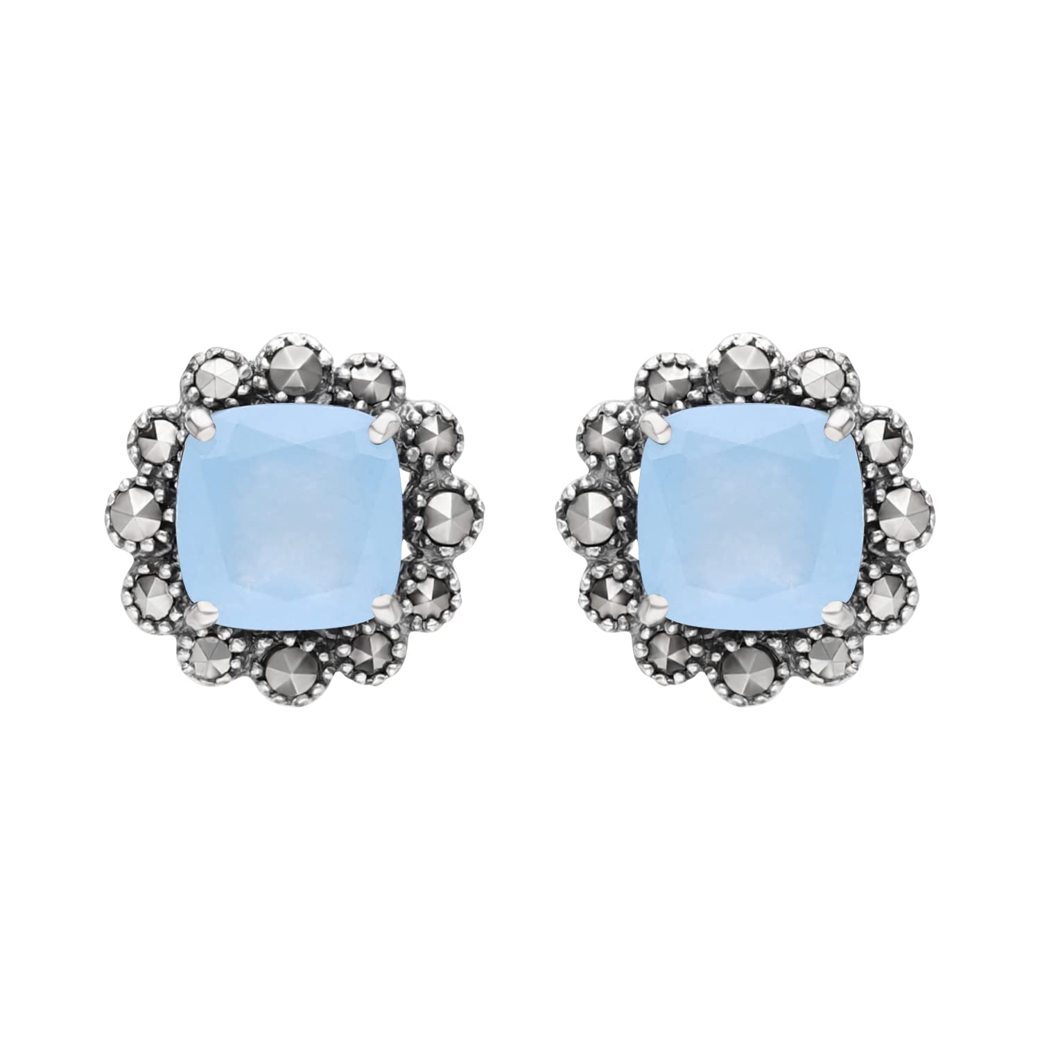 Esse Marcasite Sterling Silver Blue Jade and Marcasite Classic Stud Earrings