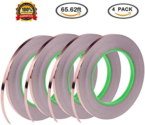 Wellinc Copper Foil Tape Double-sided Conductive with Strong Adhesive for EMI Shielding, Slug Repellent, Paper Circuits, Electrical Repairs, Grounding, Stained Glass(1/4inch X 21.8yards), 4 Pack