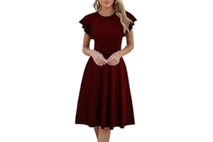 HELYO Women's Semi-Formal Ruffle Sleeves V-Back Work Fit and Flare Cocktail Knee Length Dress with Pockets 842