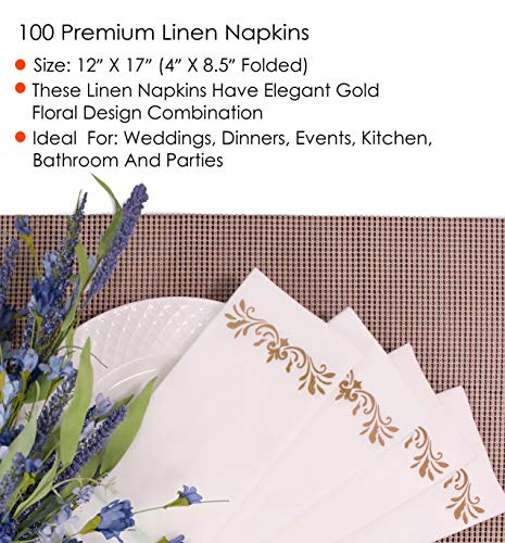 CAVEPOP Gold Dinner Napkins, Disposable Party Napkins, Paper Napkins Decorative, Linen Feel Disposable Hand Towels for Wedding, Guest Bathroom & More - White with Gold, 100 Pack, 8.25 x 4 Inches
