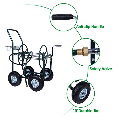 Dporticus Garden Hose Reel Cart 4 Wheels with Storage Basket Water Hose
