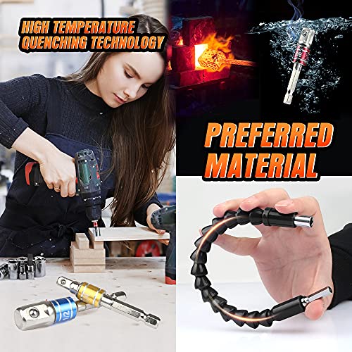 JelBo 11.8 Inch Flexible Shaft Extension Bits, Impact Driver Socket Adapter, 1/4 Hex Shank Magnetic Screwdriver Bit Holder Connect Link, Drill Socket Adapter for Power Drill.