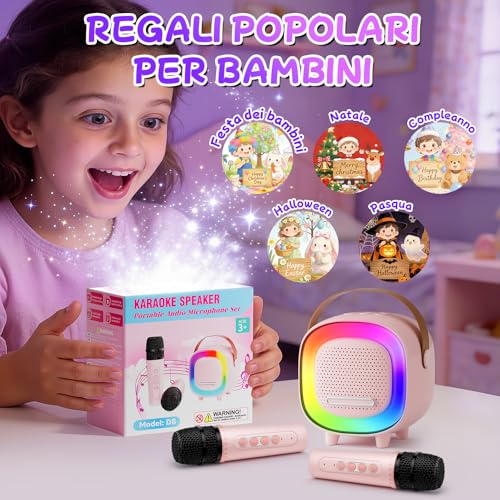 BNEHHOV Karaoke for Children, Mini Bluetooth Speaker with 2 Wireless Karaoke Microphones, Sing You Karaoke with LED Light and Voice Changing, Microphone Karaoke Games Girl Gift Games 3-12 Years