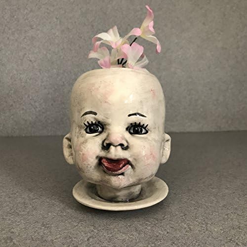 Ceramic Flower pot Baby Raz head, white doll head planter clear glaze with a brown wash, pottery with drain holes #050918Raz