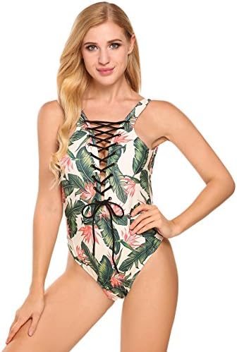 Swimwear Womens Monokini Swimsuit Sexy Cross Low Back Print One Piece V Neck Crochet Lace Hollow Out Bathing Suits
