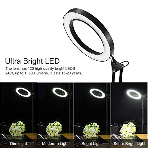 LANCOSC LED Magnifying Lamp with Clamp, 10 Levels Dimmable, 3 Color Modes, 5-Diopter Real Glass Lens, Adjustable Swivel Arm Lighted Magnifier Light for Desk Table Craft Workbench Close Work-2.25X