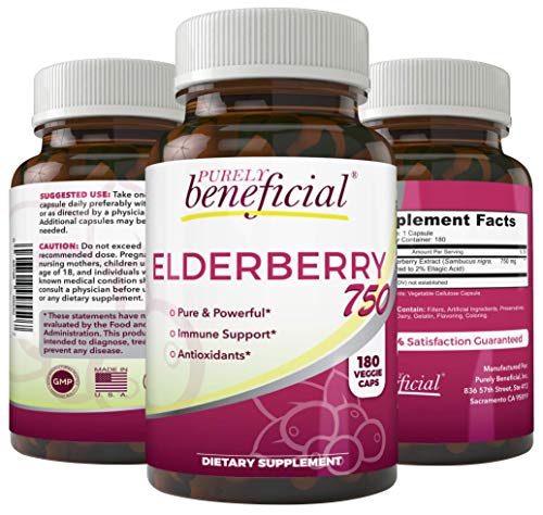 Organic Elderberry 750mg-180 Capsules, Vegetarian/Vegan Sambucas Nigra Natural Immune Support Booster- Gluten Free, Non-GMO- 3 Month Supply