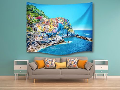 Mediterranean fish village 3D digital printing polyester tapestry，Bedroom Living Room Dorm Wall Hanging Tapestry, Beach towel (3D diagram-A)