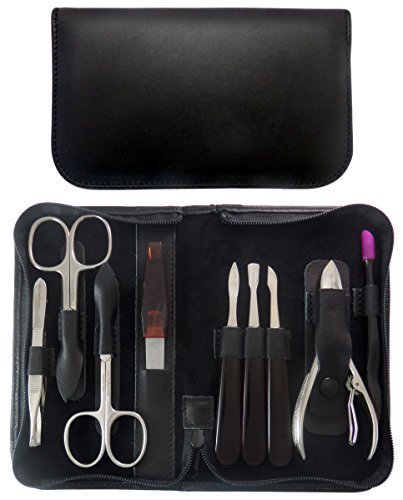 Tenartis 349 9-Piece Black Nappa Genuine Leather Manicure & Pedicure Set with Zipper - Made in Italy