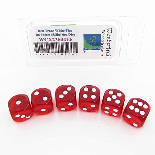 Red Translucent Dice White Pips D6 16mm Pack of 6 Wondertrail WCX23604E6