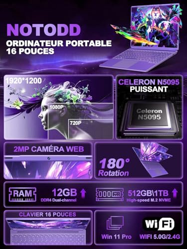 16 Inch Gaming Laptop 12 + 512 GB Support Extension 1TB (HDD-2TB) 4 Cores Celeron N5095 (up to 2.9 GHz) 1920x1200 PC Gamer Laptop, Laptop with 2K Screen 2.4+5G WiFi Mini HDMI-Purple