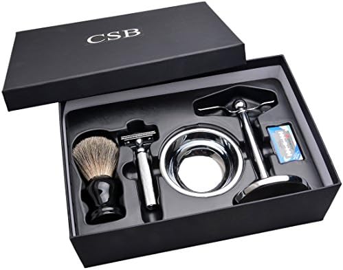 CSB Shaving Brush 5pcs Men Gift Set Double Edge Razor & Blades,Black Handle Pure Badger Brush,Chrome Stand & Bowl in Gift Box