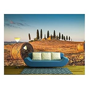 Beautiful Tuscany Landscape with Traditional Farm House and hay Bales in Golden Evening Light, Val d Orcia, Italy - Removable Wall Mural | Self-Adhesive Large Wallpaper - 66x96 inches