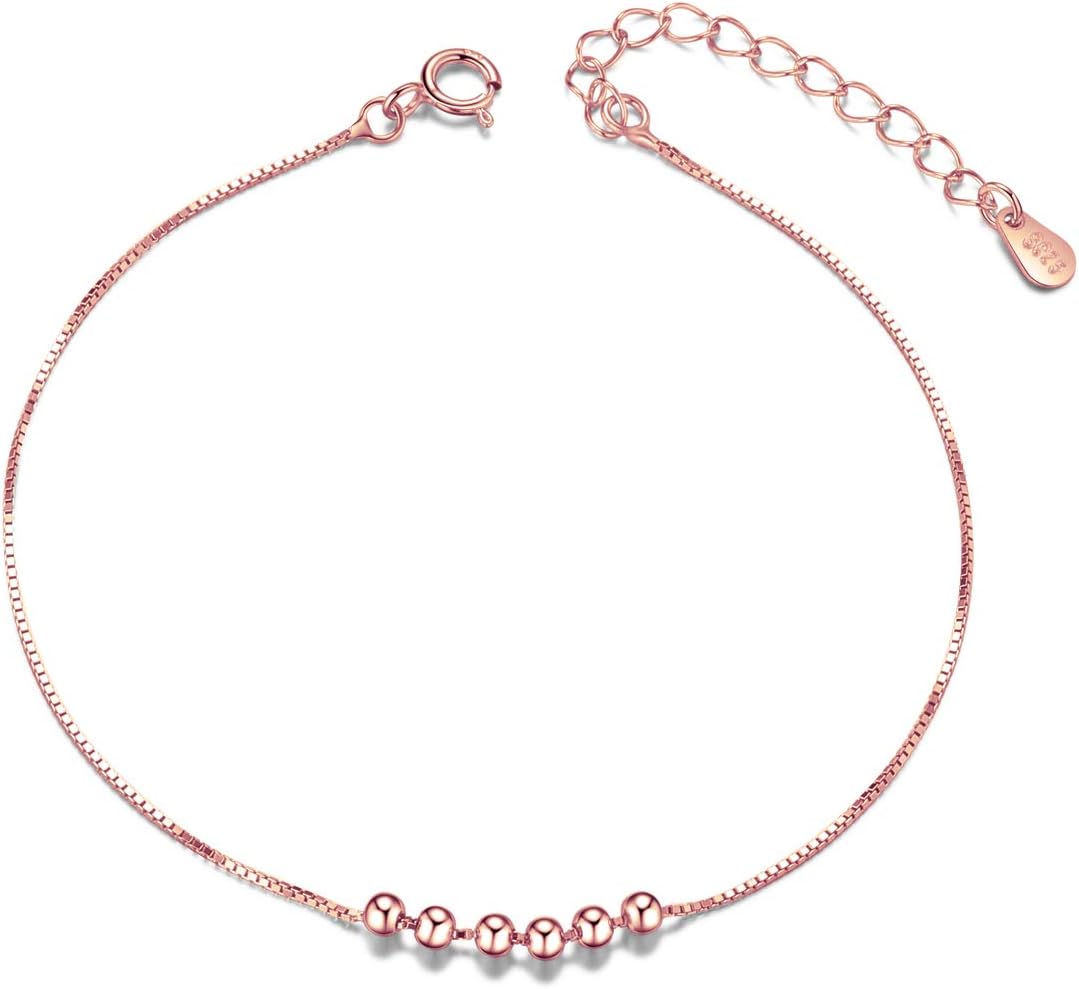 SHEGRACESix Small Beads Charm Anklet Bracelet, 925 Sterling Silver Anklet for Woman