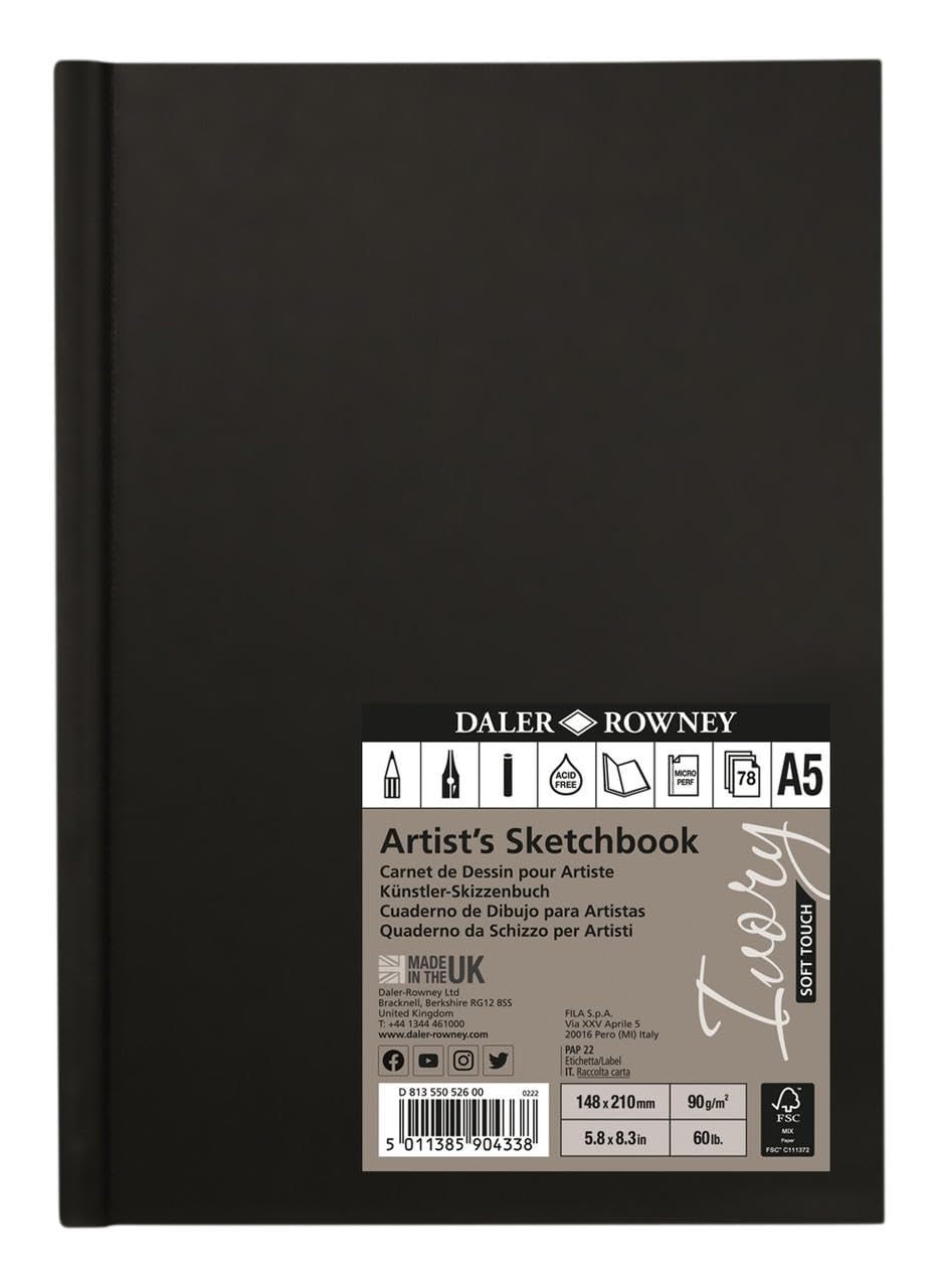 Daler-Rowney Ivory Sketchbook, Soft Touch Harbound, 90gsm, A5 Portrait, Natural White, 78 Sheets, For Professionals