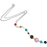 HUNO Handmade Galaxy Solar System Universe Eight Planets Guardian Star Natural Stone Beads Pendant Necklace Womens Jewelry-vertical silver
