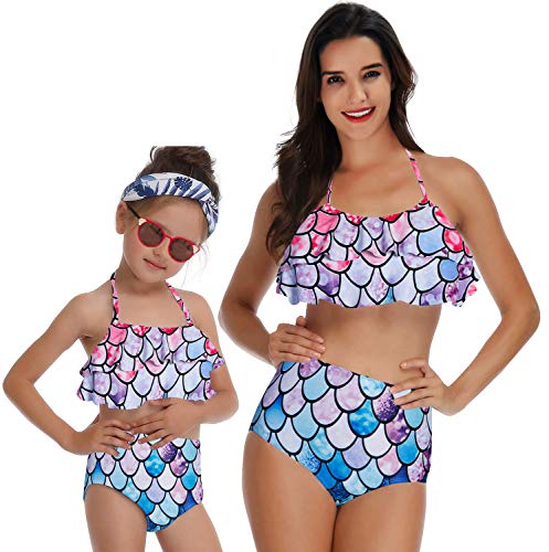 Kids4ever Mermaid Fish Scale Mother Daughter Matching Bikini Set Flounce High Waisted Mommy and Me Bikini Set
