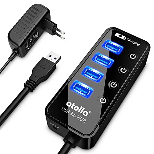 Atolla Powered USB 3.0 Hub, 4-Port USB Hub with Individual On/Off Switches - Power Adapter Included