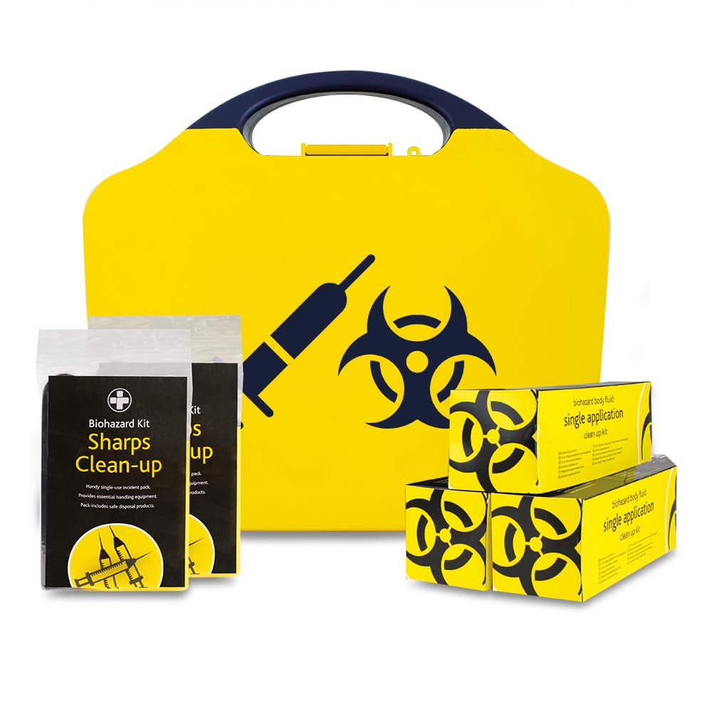 Reliance Medical Combination Kit Box - HSE Compliant, Safe and Complete Biohazard Control for Workplace Safety, Includes 3 Biohazard Spill Clean-Up Packs and 2 Sharps Disposal Packs