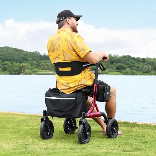 MAXWALK Rollator Foldable and Lightweight with Seat, 25 cm Rubber Non-Pneumatic Tyres for All Terrain, Integrated Pull Brake, Drink Holder, Height-Adjustable Aluminium Rollators