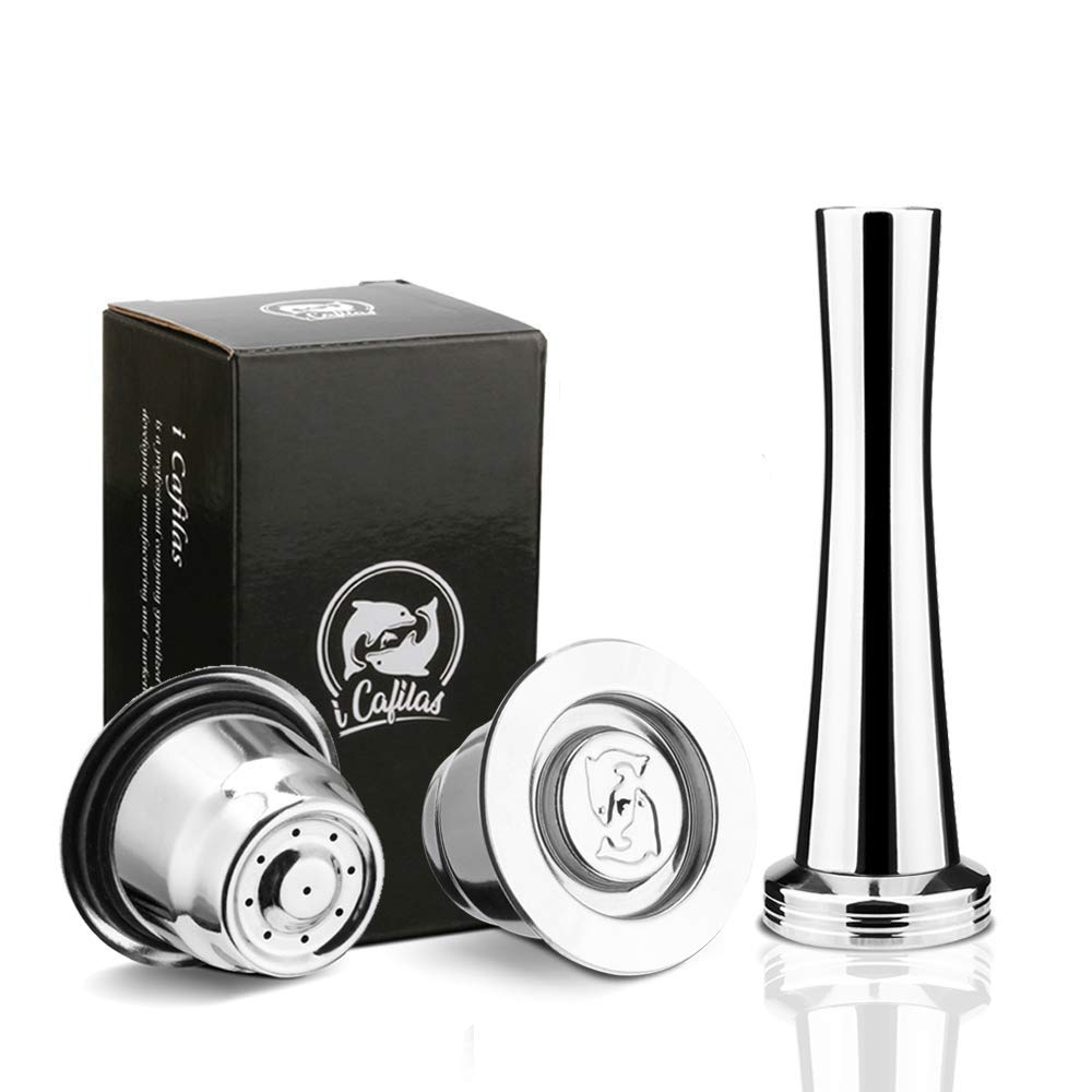 i Cafilas Espresso Set of 2 Capsule Compatible Coffee Capsules, refillable, Reusable Stainless Steel Filter, Coffee Capsules + Tamper + Spoon + Brush