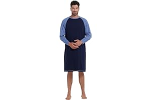 Keyocean Mens Cotton Nightgown Soft Lightweight Long Sleeve Sleepshirt Crew Neck & Pockets Comfortable Lounge Nightwear