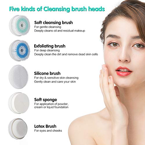 Facial Cleansing Brush, Targherle Facial Brush Waterproof Battery Operated Face Brush Set with 5 Brush Heads for Deep Cleansing, Exfoliating, Removing Blackhead and Makeup Residue (Green)
