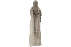 Haunted Hill Farm 6.25 ft. Animated Reaper with Chains, Dressed in White/Gray Cloak with Hood and Flashing Red Eyes, Battery-Operated