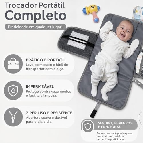 Trocador de Fraldas Portátil Premium Trocador Portátil para Meninas e Meninos Recém-nascidos de Bebê com bolso – Porta Fraldas Kit de Troca de Viagem à Prova d'água Textil (Azul)