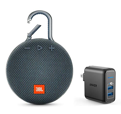 JBL Clip 3 Portable Bluetooth Wireless Speaker Bundle with Dual Port 24W USB Travel Wall Charger - Blue