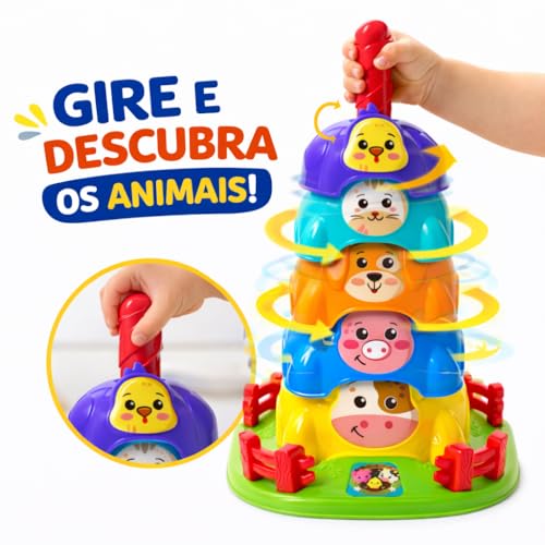 Brinquedos Para bebe Torre Giratória Fazendinha com Animais Brinquedo Educativo de Girar e Empilhar Estimula Coordenação Motora e Percepção Visual Brinquedo para Bebês +12 Meses