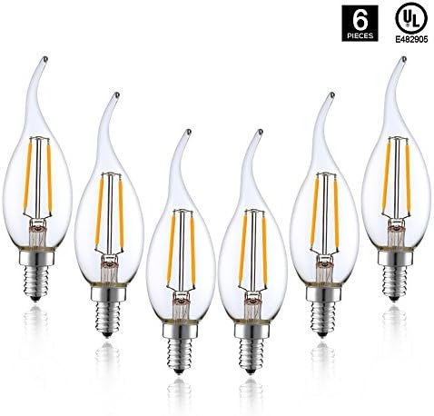 Worbest C35 LED Candle Light Bulbs 2W E12 2700K 220LM Dimmable C35 Flame Tip 2 Years Guarantee 20W Incandescent Replacement Energy Saving UL Listed 6-Pack