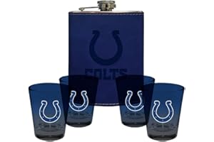 The Memory Company | Licensed NFL Team Logo Leather Wraped Flask with (4) Ombre Shot Glasses Set