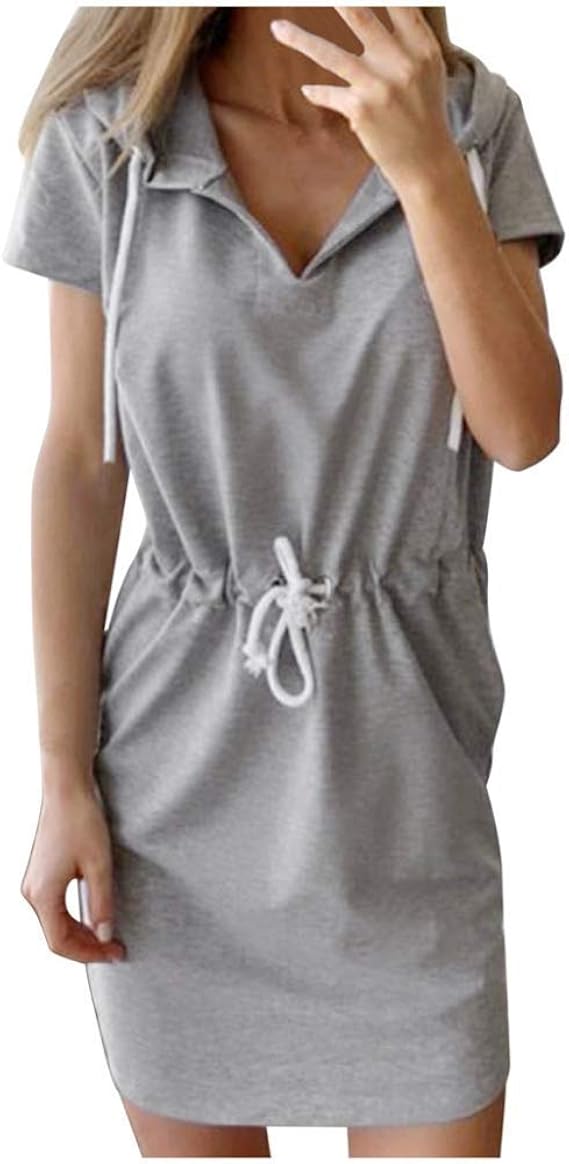Womens Casual Short Sleeve Hooded Hoodie Mini Dress Casual Loose Plus