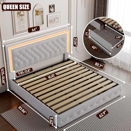 Queen Bed Frame with 4 Storage Drawers, LED Bed Frame with Remote Control Rhythm Sync Light, Adjustable Diamond Tufted Headboard, No Box Spring Needed, Velvet Grey