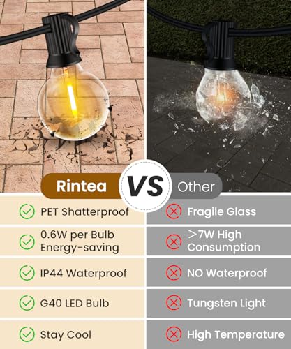 Rintea Outdoor String Lights, 40 m with 68 + 5 Bulbs, Outdoor Garden Lights Plug-in Warm White 2700 K, IP44 Waterproof Outdoor LED Lights for Garden, Terrace, Christmas, Party