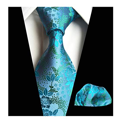 Men Teal Blue Ties Hanky Set Floral Fashion Woven Silk Party Formal Necktie Gift