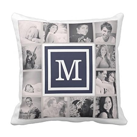 Navy Blue Monogram Instagram Photo Collage Pillow Case Cover 22 22