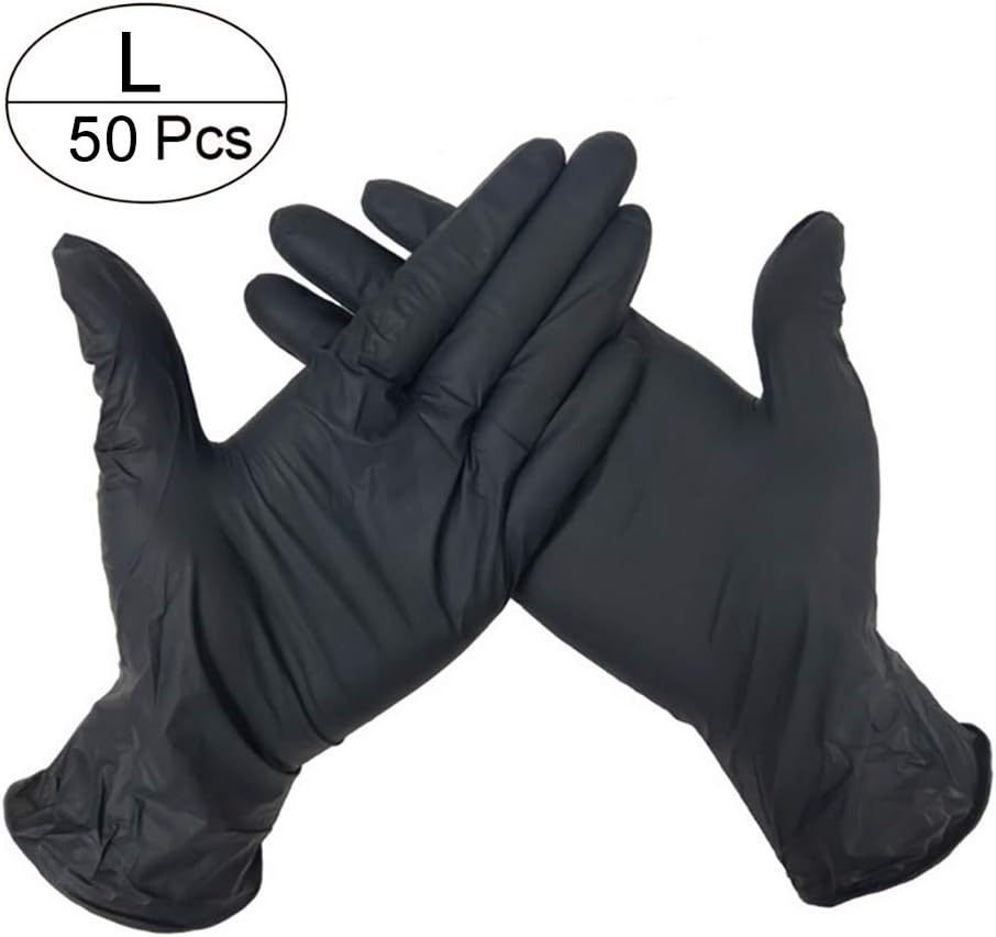 Nitrile Disposable Gloves, Powder Free, Food Grade Kitchen Gloves, Latex Free, Multi-Purpose Cleaning Gloves, Pack of 50, Large Size,Black