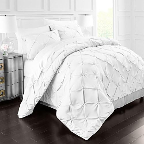 Park Hotel Collection Luxury Soft Brushed Microfiber Pinch Pleat Duvet Cover Set - Hypoallergenic Pintuck Style Duvet Cover w/Matching Shams - King/Cal King - White