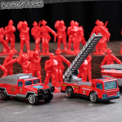 LovesTown 50PCS Fire Truck Toy Set, 6PCS Die-cast Small Rescue Emergency Vehicles Red Fire Trucks 44PCS Firemen Toy Figures for Kids Boys Birthday